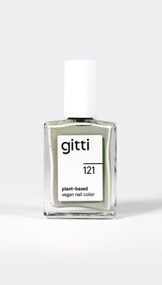 A bottle of gitti brand nail polish labeled 'No. 121 sage green', indicating a plant-based, vegan nail color.