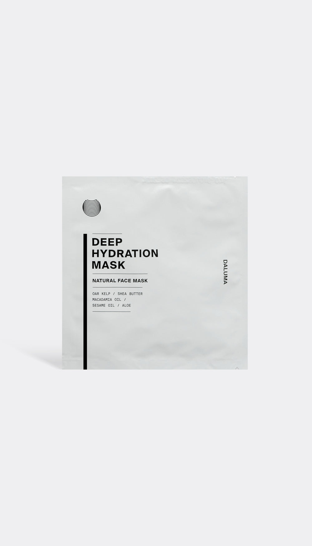 A packaged facial mask product labeled 'DEEP HYDRATION MASK' by Daluma, with a white and grey design, indicating it is a natural, moisturizing facial mask.
