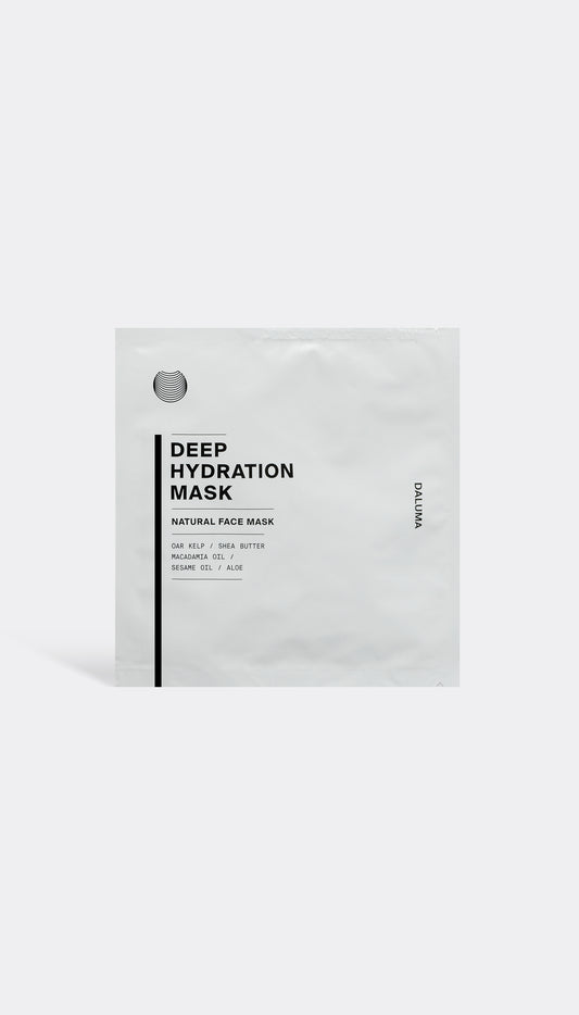 A packaged facial mask product labeled 'DEEP HYDRATION MASK' by Daluma, with a white and grey design, indicating it is a natural, moisturizing facial mask.