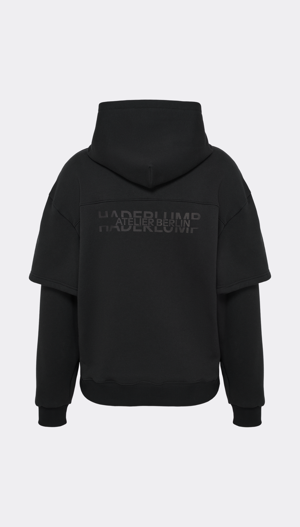 Detail of black Haderlump Hoodie logo print on back