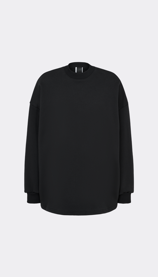 A black long-sleeve crewneck sweatshirt shown flat against a light gray background.