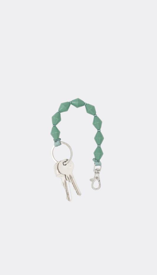 Green keychain with keys on a white background