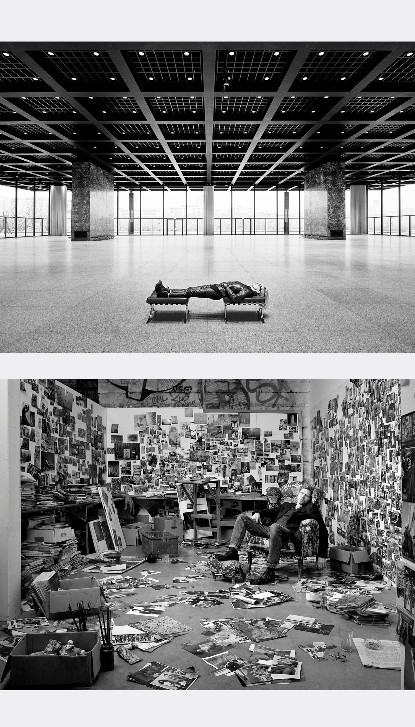 A black and white two-panel photograph. The top panel shows the Neue National Gallery with a person lying on a low bench in the center.