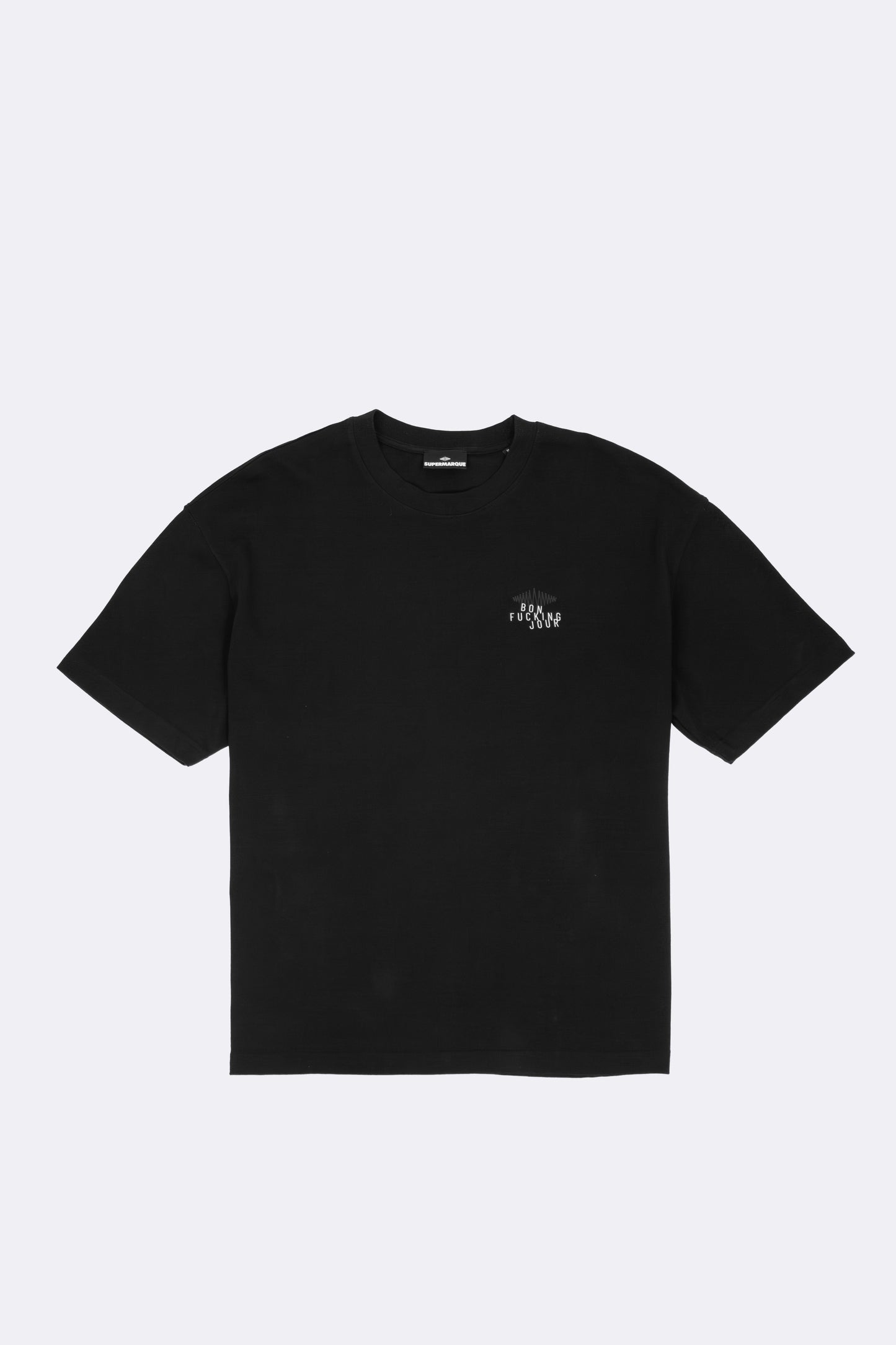 Black t-shirt with a text on a light gray background