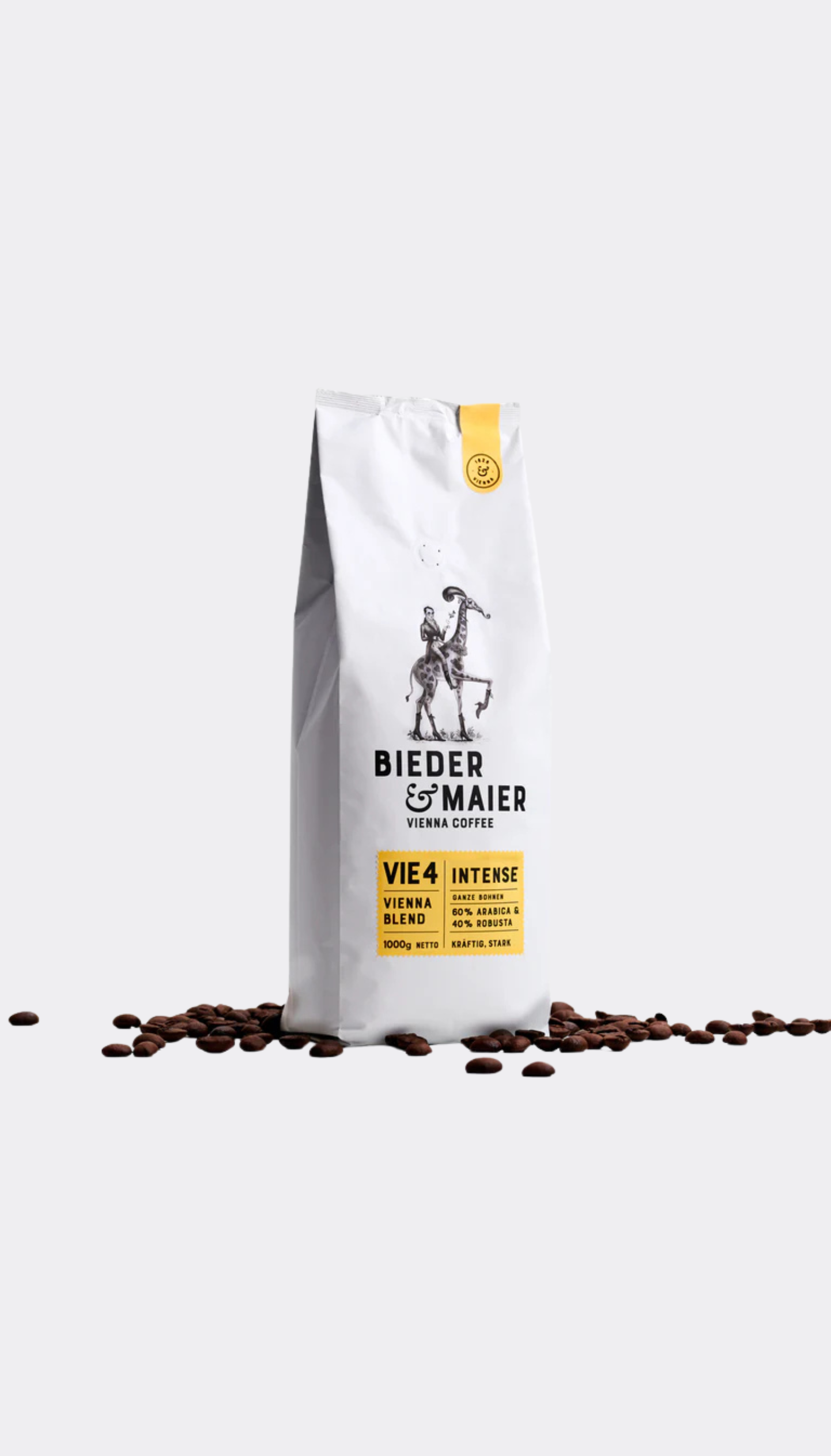Bieder & Maier coffee bag with coffee beans on a white background