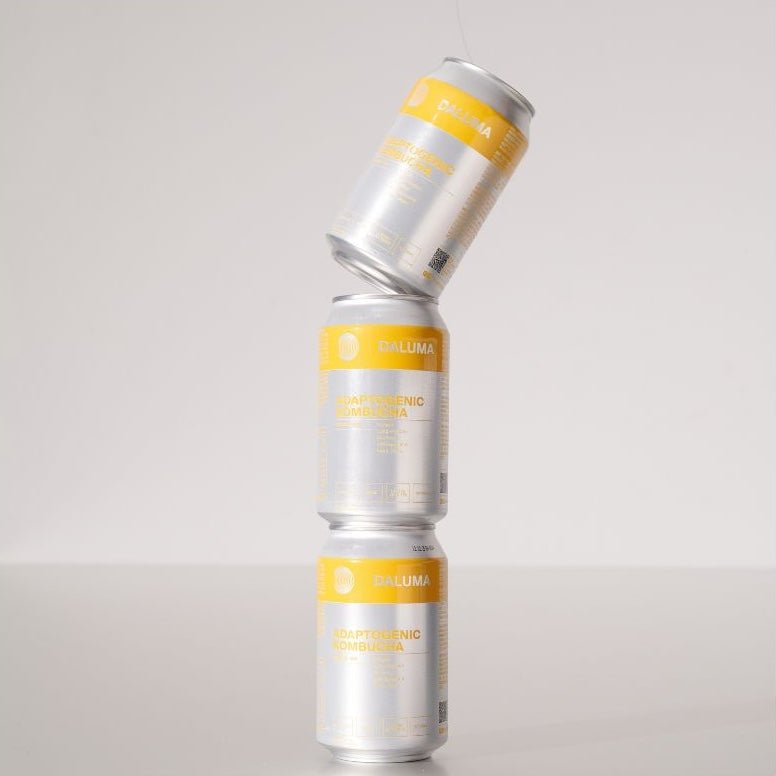 Three silver aluminum cans of Daluma Adaptogenic Kombucha stacked and balanced in a tower, with the top can tipped on its edge, against a clean light gray studio background.