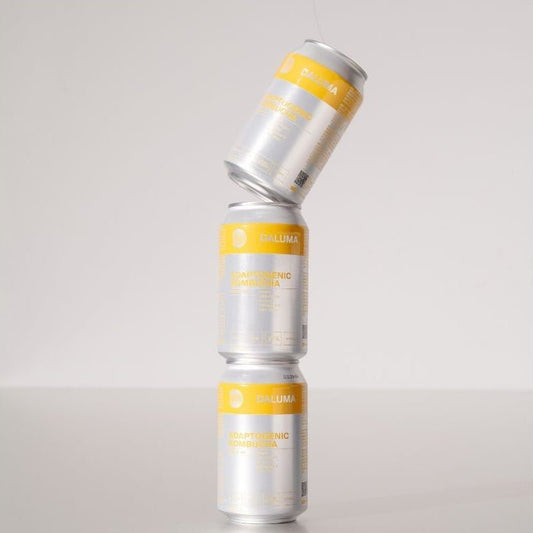 Three silver aluminum cans of Daluma Adaptogenic Kombucha stacked and balanced in a tower, with the top can tipped on its edge, against a clean light gray studio background.