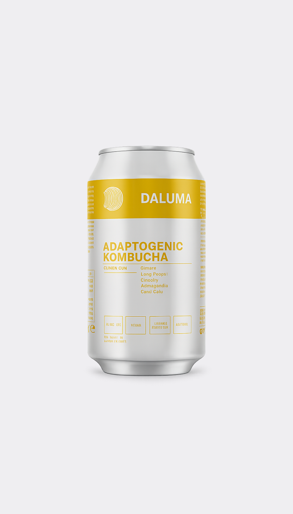 A silver aluminum can of Daluma Adaptogenic Kombucha on a light gray background.