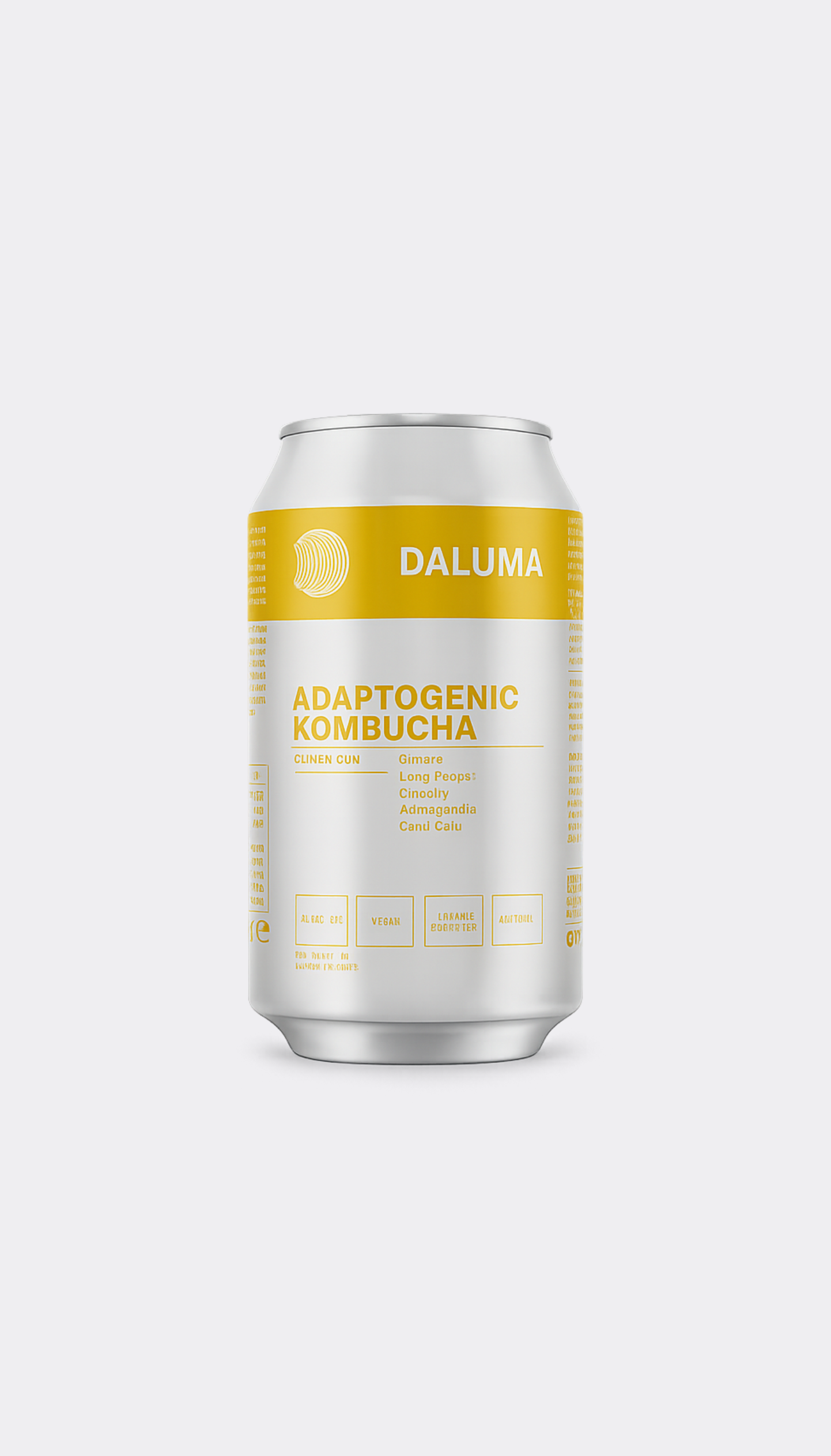 A silver aluminum can of Daluma Adaptogenic Kombucha on a light gray background.