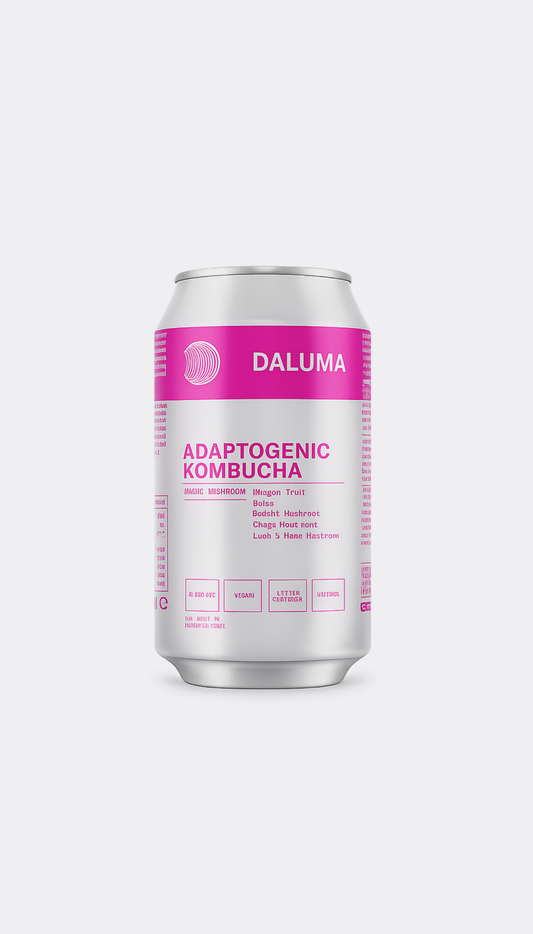 A silver aluminum can of Daluma Adaptogenic Kombucha on a light gray background.