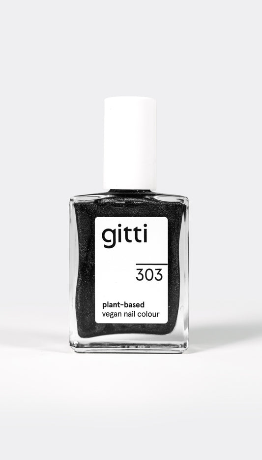 A bottle of gitti brand nail polish in a metallic black color, labeled as 'no. 303 A Muse Me Black'.