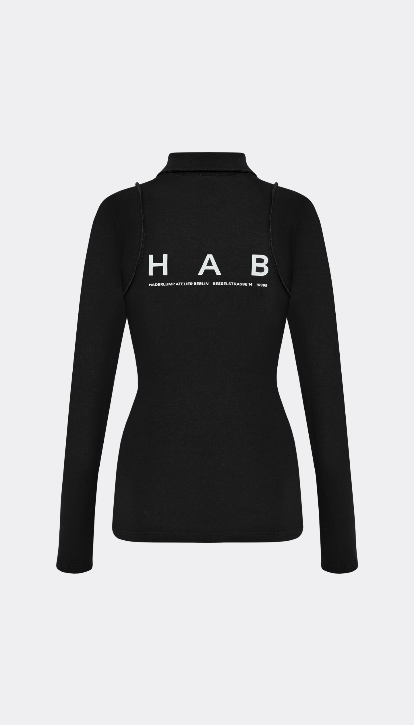 A black long-sleeve mock neck top with 'HAB' printed in white across the back, shown on a light gray background.