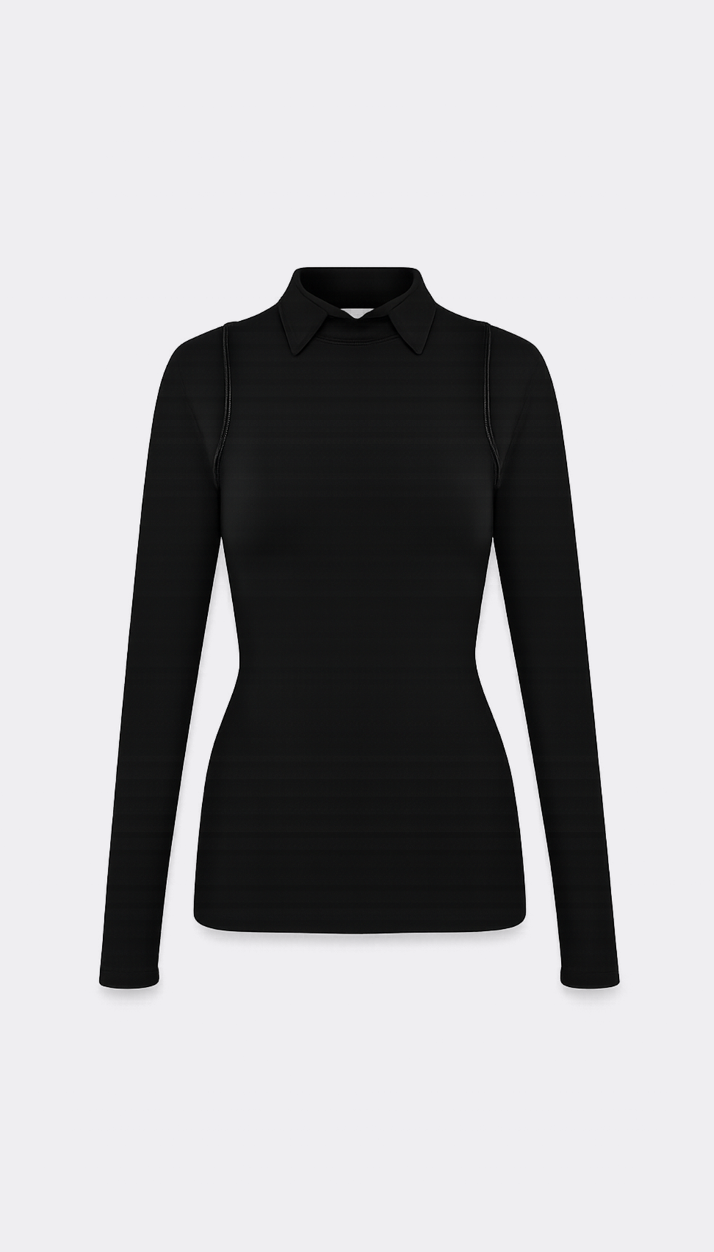 A black long-sleeve collared top against a light gray background.