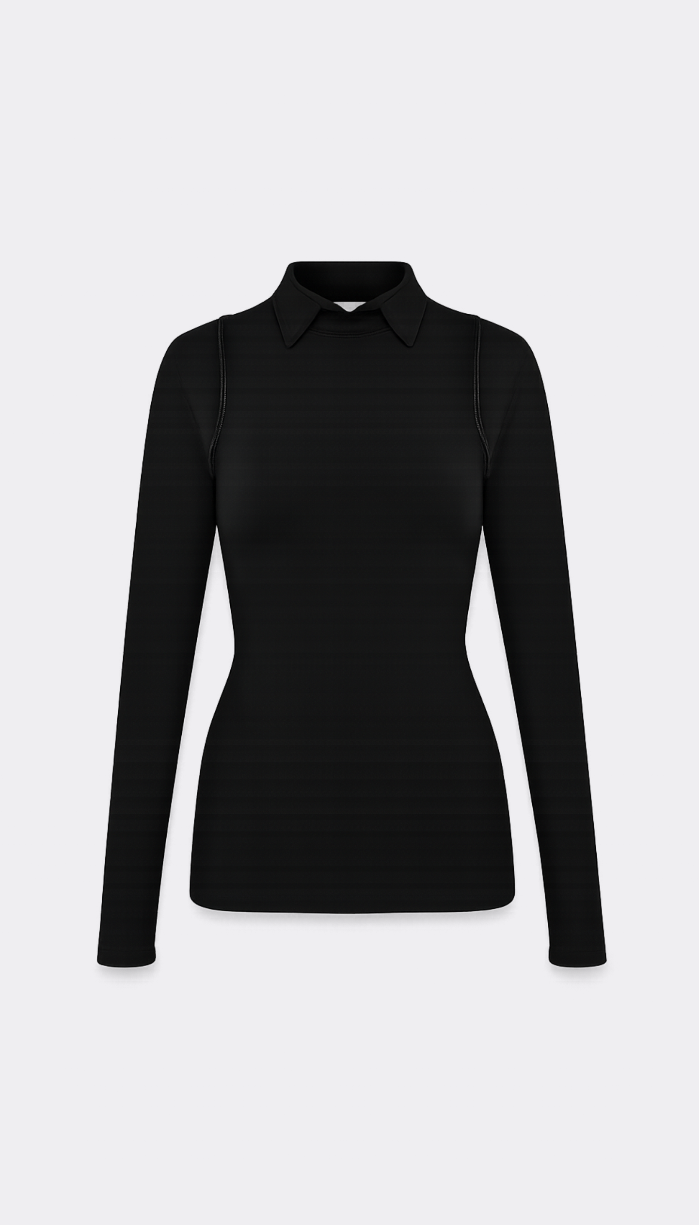 A black long-sleeve collared top against a light gray background.