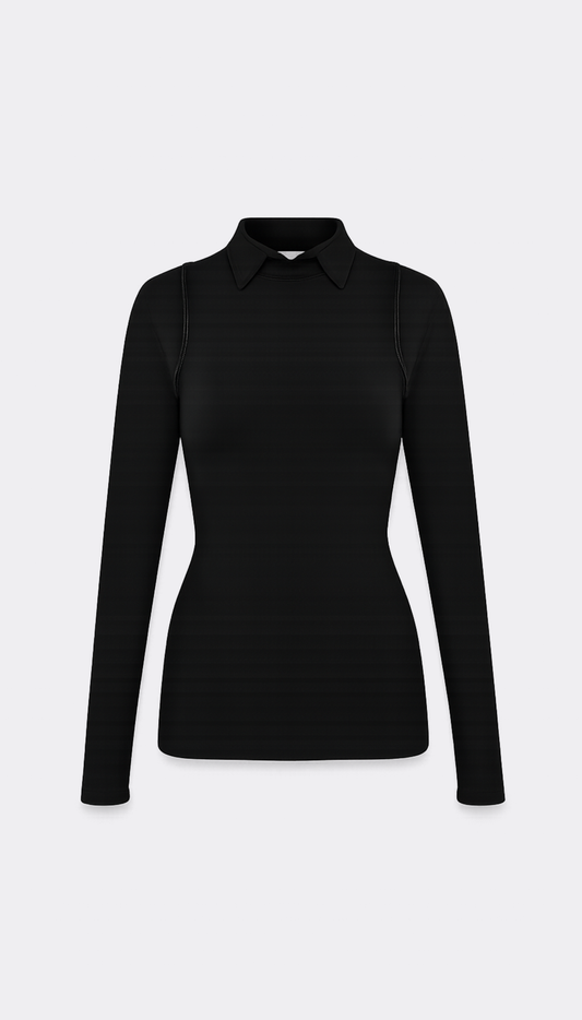 A black long-sleeve collared top against a light gray background.