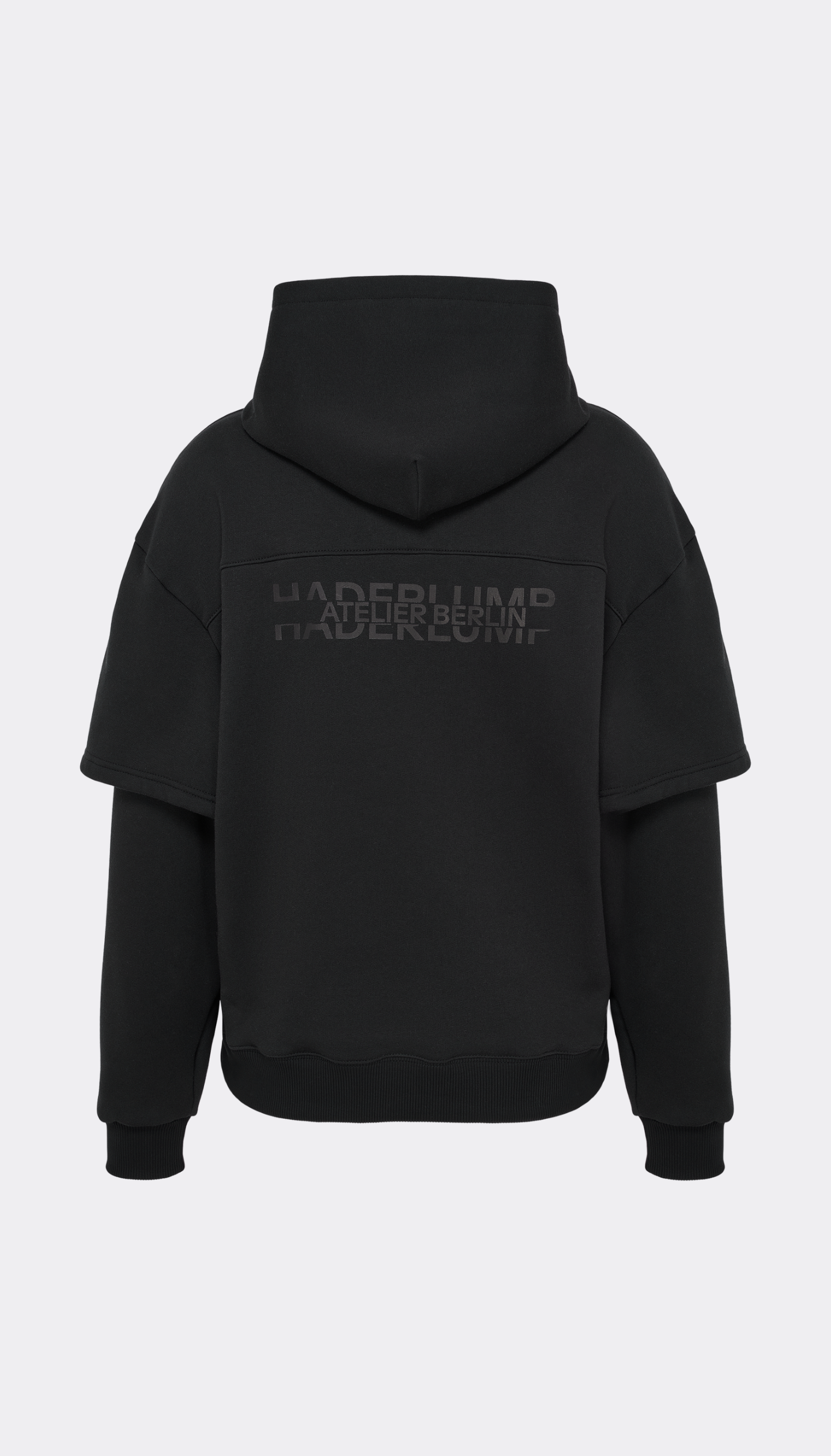 Detail of black Haderlump Hoodie logo print on back 