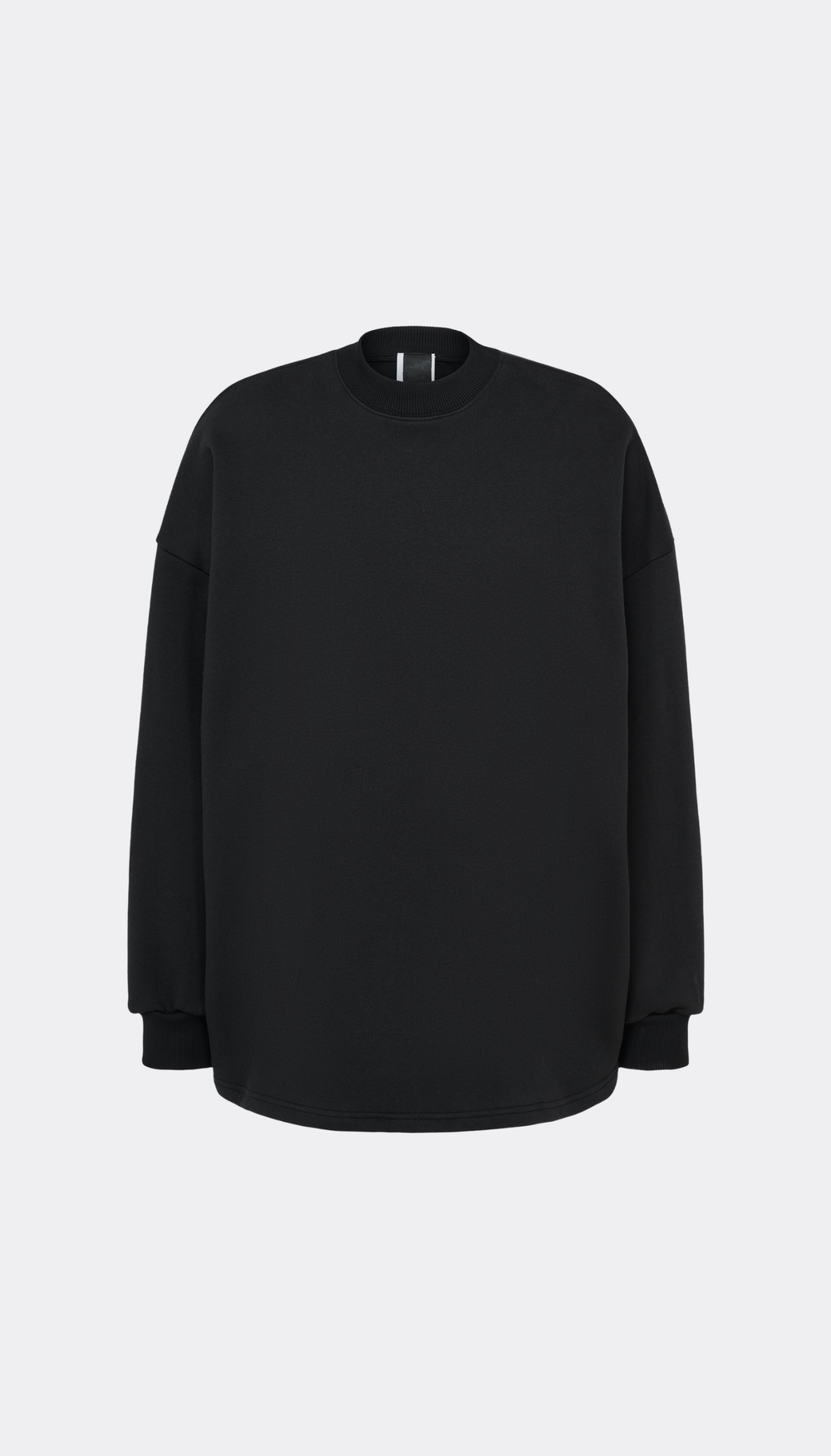 A black long-sleeve crewneck sweatshirt shown flat against a light gray background.