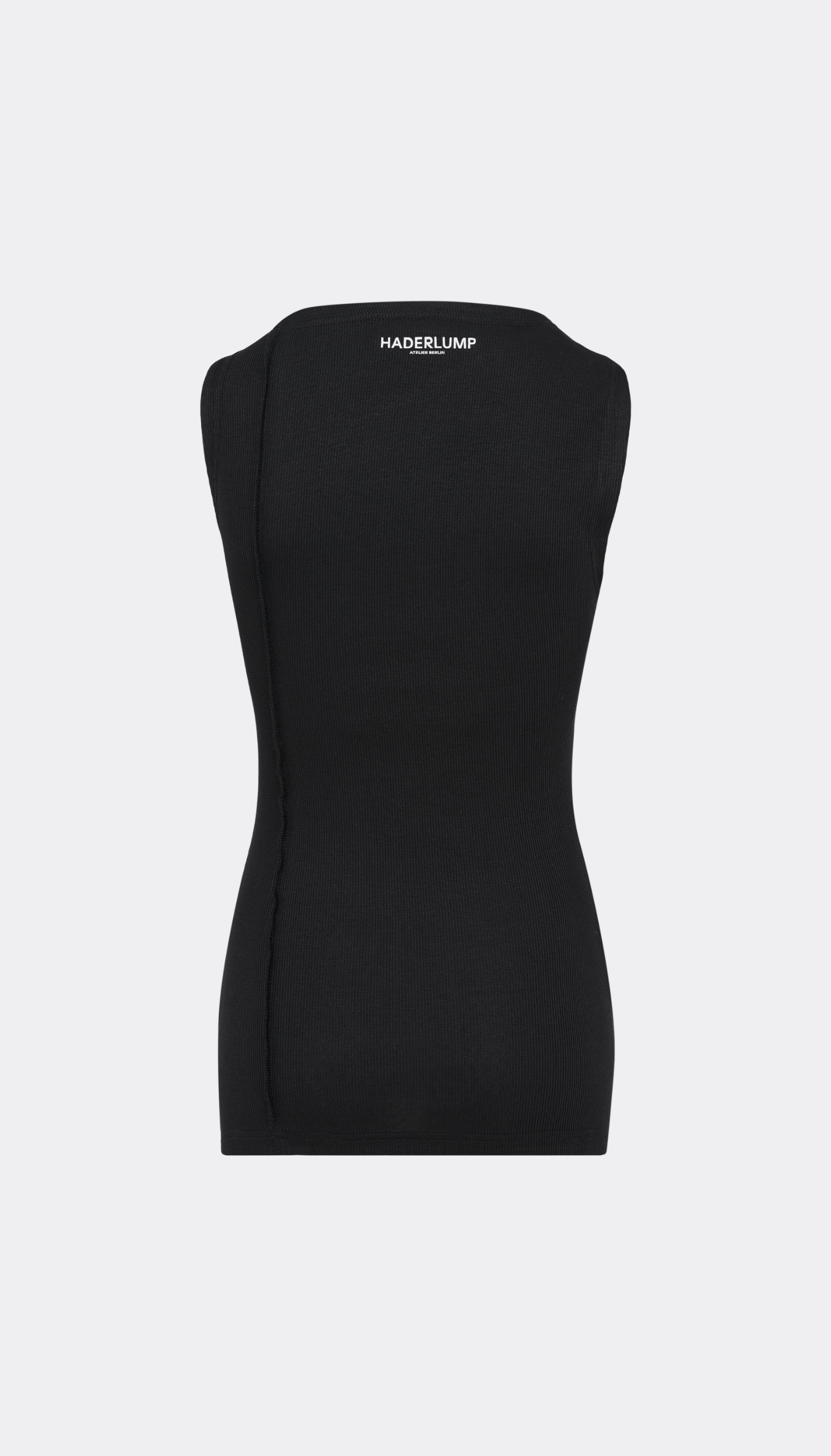 A black sleeveless ribbed knit top by Haderlump, shown from the back against a light gray background.