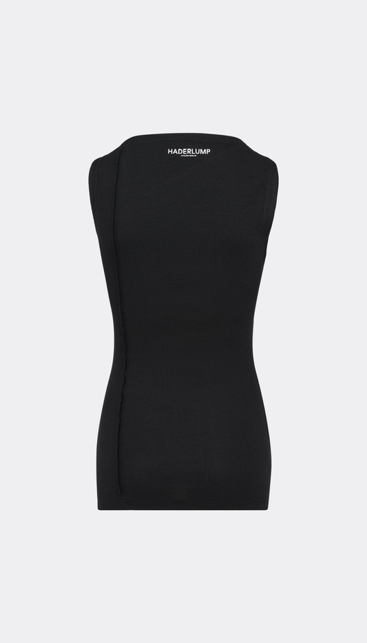 A black sleeveless ribbed knit top by Haderlump, shown from the back against a light gray background.