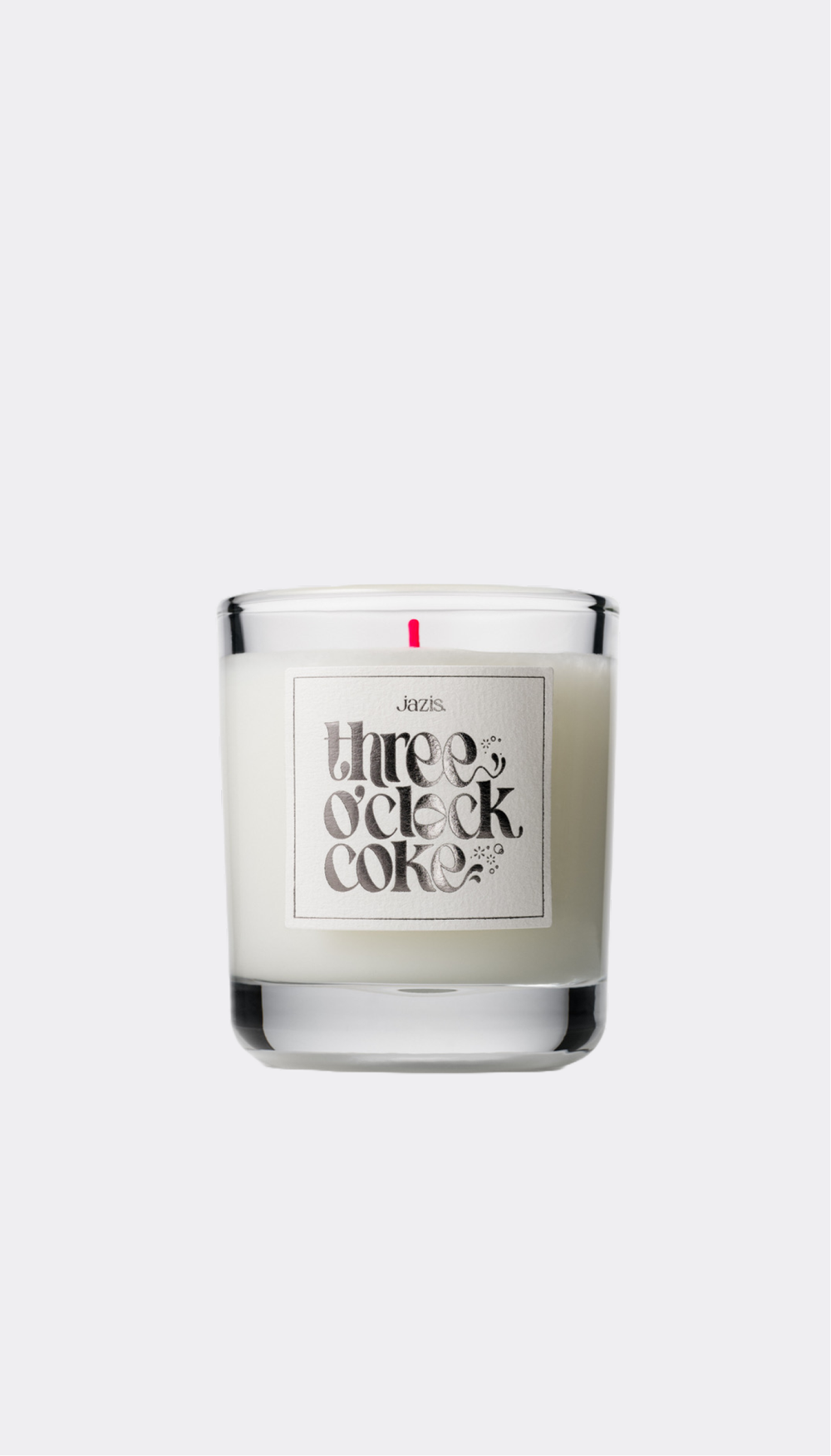 Jason Three O'clock CokeCandle in a glass jar with a label on a white background