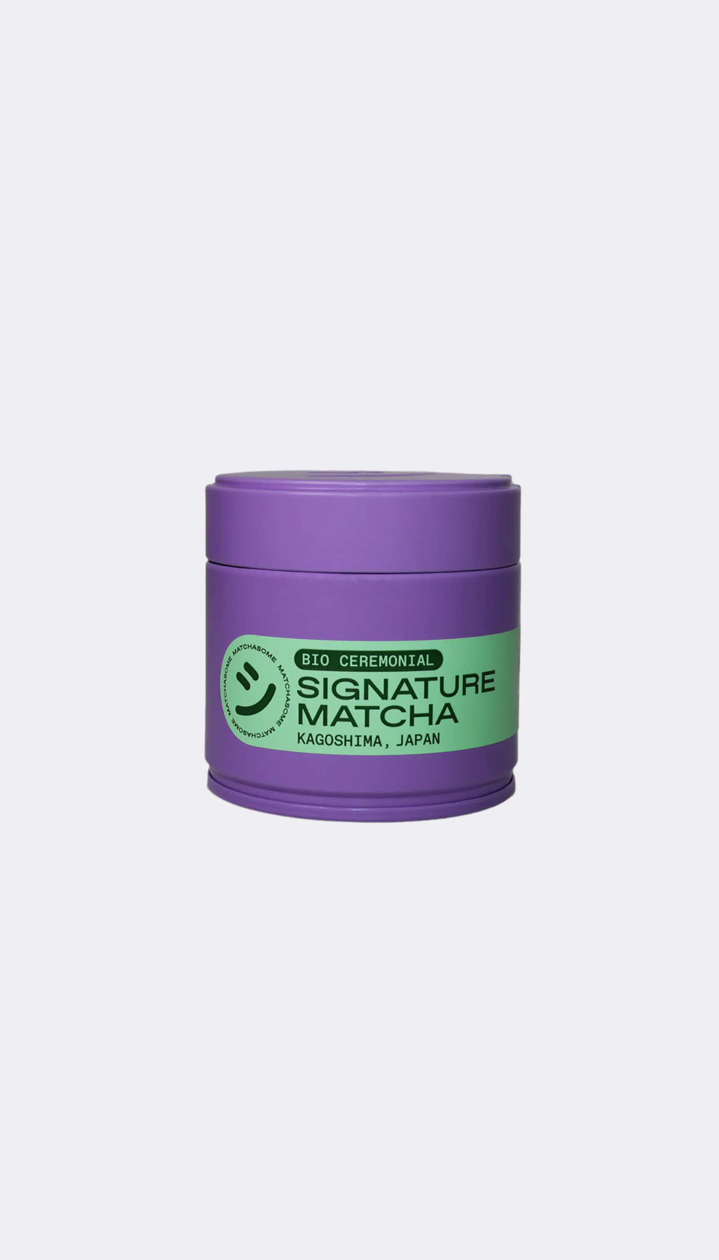 Purple container of Signature Japanese Matcha on a white background