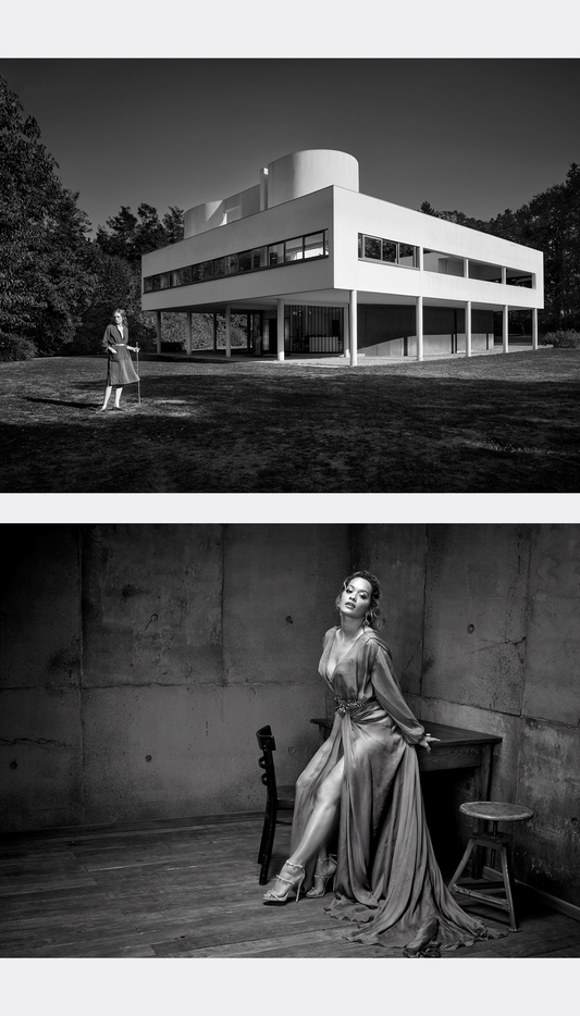 A black and white double-exposure artistic photograph composed of two stacked scenes: the top shows a modernist house with a small figure standing outside, and the bottom shows Rita Ora posed indoors against a concrete wall with a long dress.