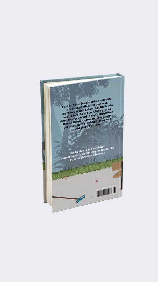 Back of a book with a scenic cover on a light gray background