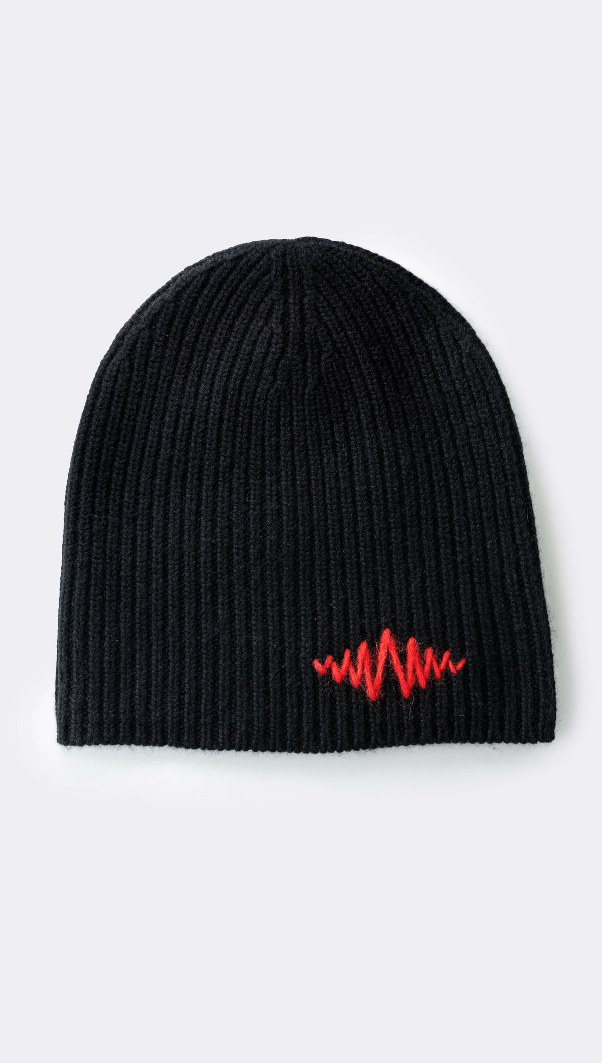 A black ribbed cashmere beanie with a signature logo hand-embroidered in red on the front.