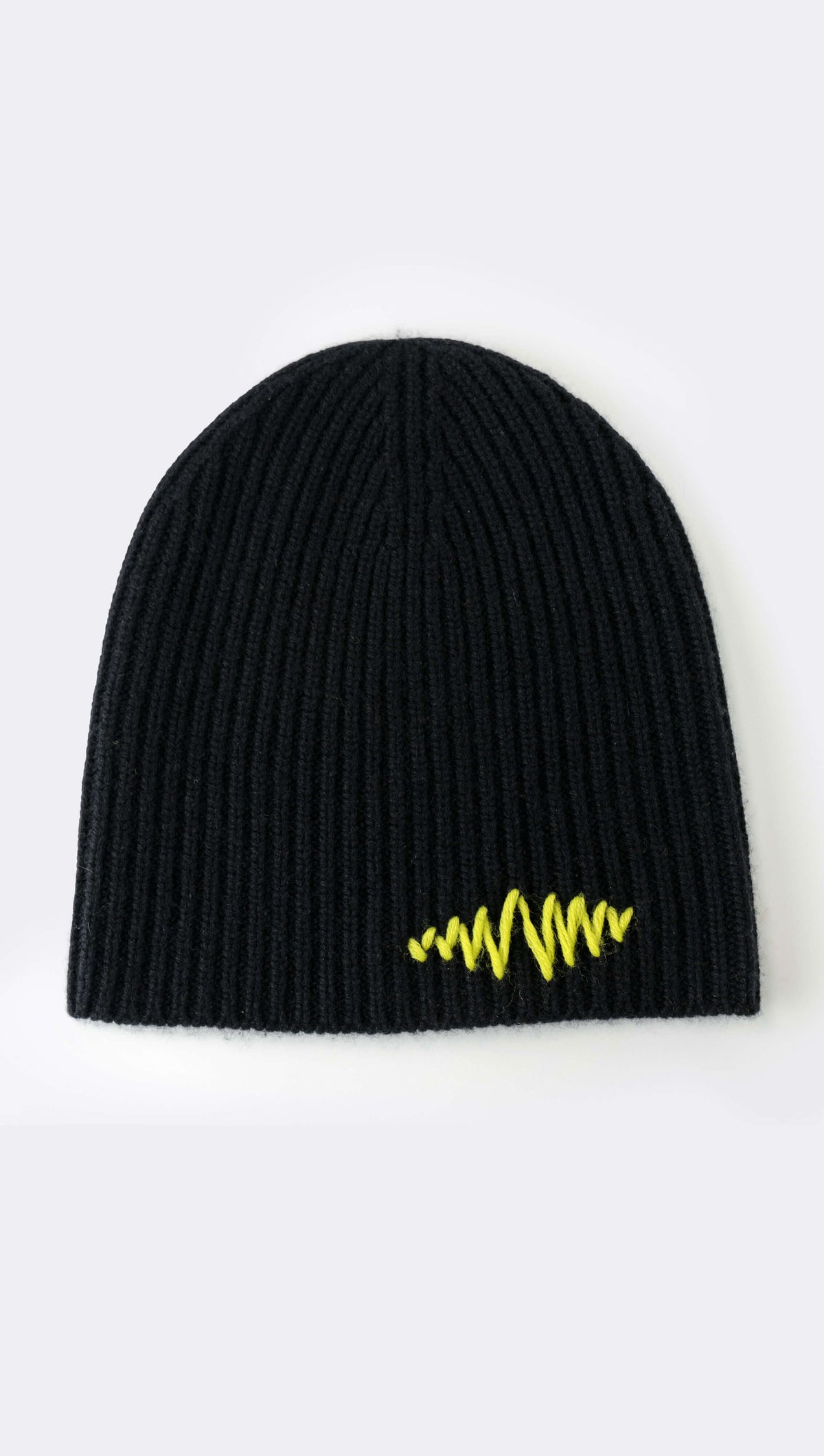 A black ribbed cashmere beanie with a signature logo hand-embroidered in yellow on the front.