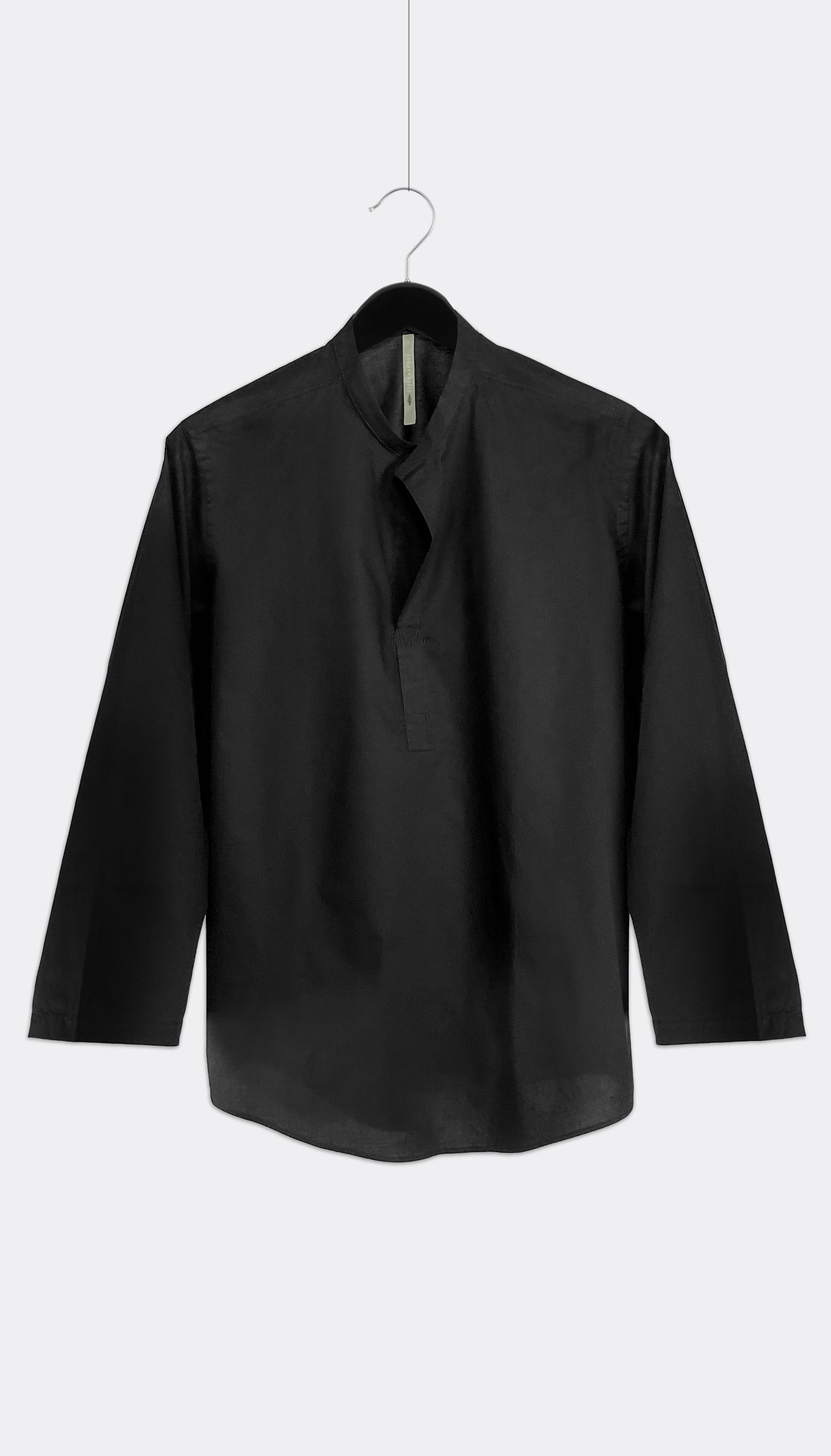 A black Outama top with a Mao collar and 3/4 sleeves, displayed on a hanger against a white background.