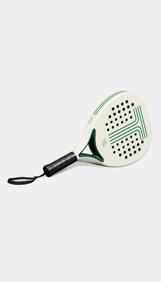 A white, green, and black TIO TIO padel racket with a hybrid shape and sand finish.